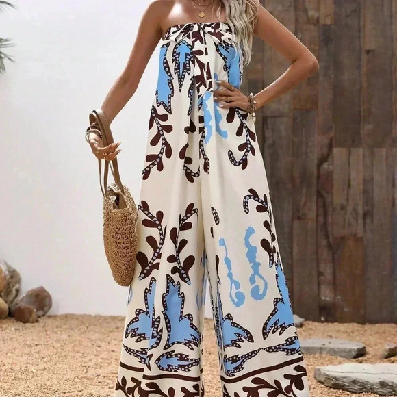 Multicolor Boho Women's Random Floral Summer Holiday Strapless Jumpsuit - Picture 4 of 6